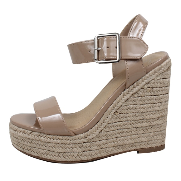 Shoes - Dark Beige Open Toe Ankle Strap Espadrille Wedge